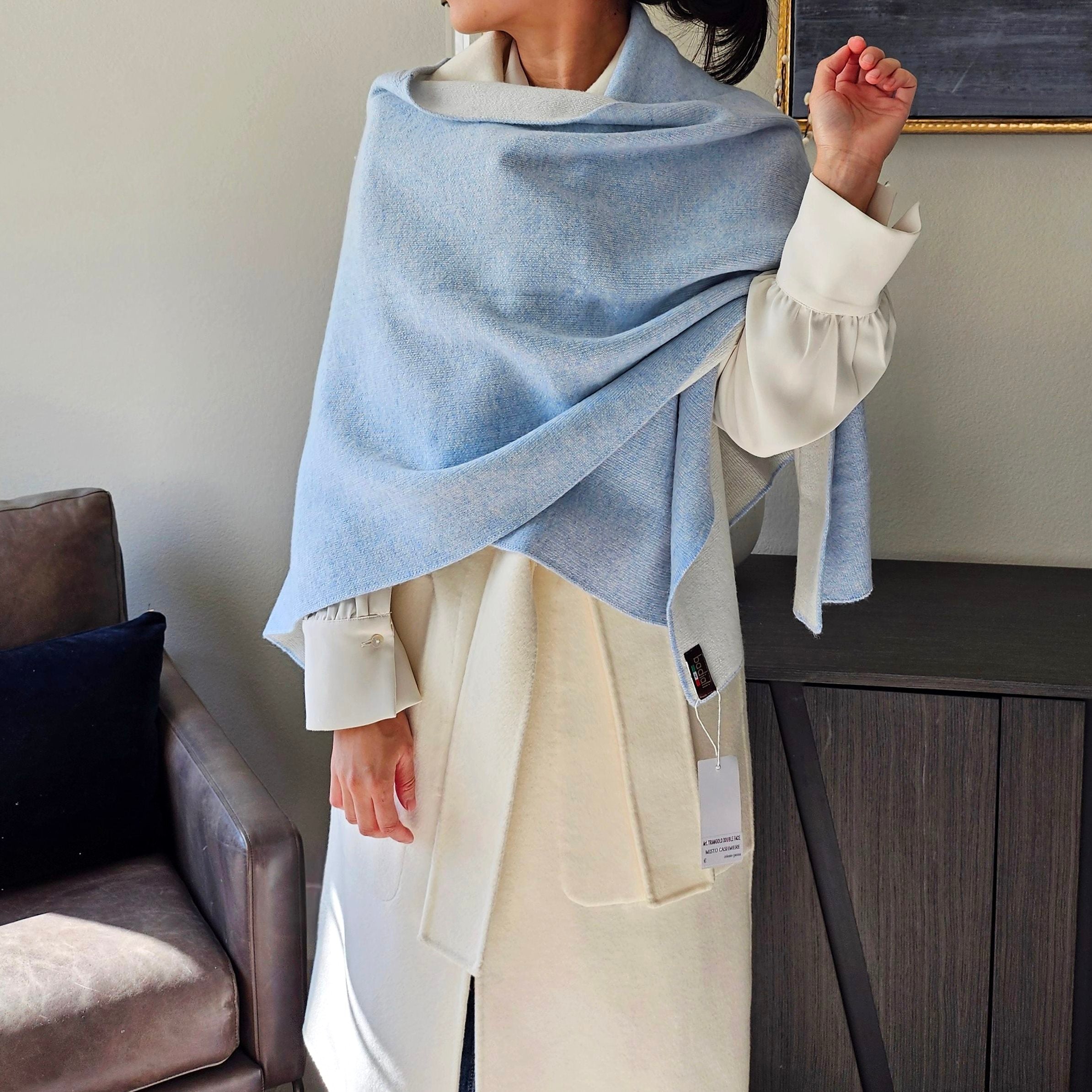 Reversible Italy brand Cashmere Poncho Shawl Skyblue