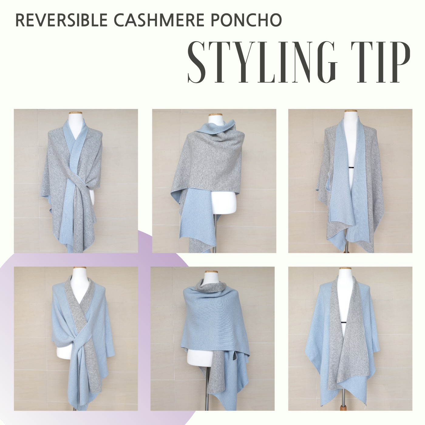 Reversible Italy brand Cashmere Poncho Shawl Grey